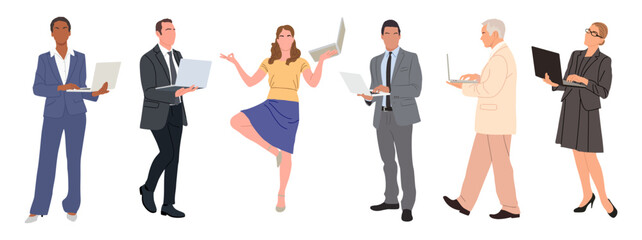 Business people working at laptop. Different men and women wearing smart casual and formal office outfits standing, walking with computer. Realistic vector illustrations isolated on white background.