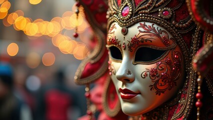 Wall Mural - Ornate venetian mask with intricate red and gold details at festive carnival