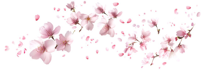 Pink cherry blossoms petals blowing in the air. Natural flow movement isolated on against transparent background.