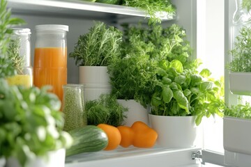 Wall Mural - Modern Fridge Organized With Fresh Herbs, Vibrant Vegetables, and Healthy Juices in a Clean, Bright Kitchen