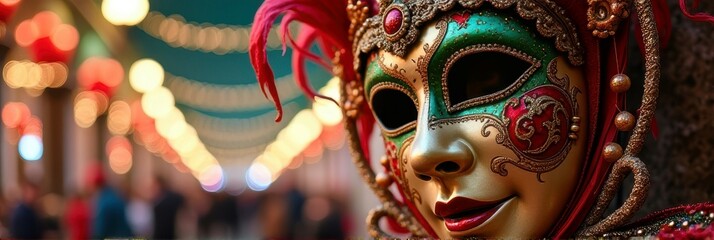 Wall Mural - Venetian carnival mask with red plumes and colorful background illumination