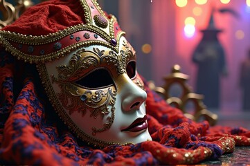 Wall Mural - Intricate venetian carnival mask with red and gold detailing in festive setting