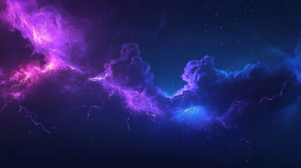 An abstract background with electric energy and purple lightning that glows against a dark blue sky. Ideal for banners, posters, or futuristic designs