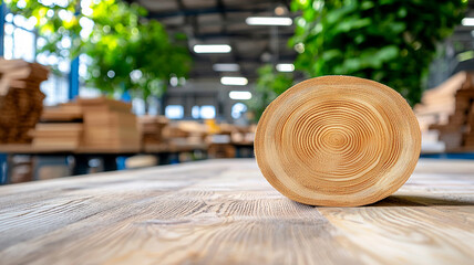 Intricate Grain of a Round Wood Piece in a Workshop Setting