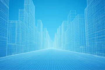 Wall Mural - empty grid floor for the development project. 3d rendering of abstract wireframe cityscape with a bl