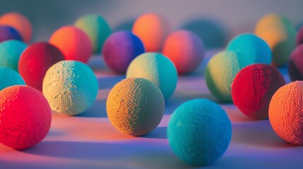 Wall Mural - colorful 3d balls with a textured surface are scattered on a reflective surface.