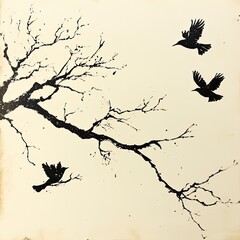birds on a tree branch, with one in flight