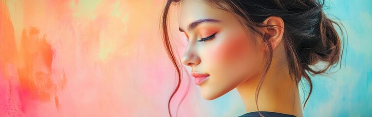 Poster - Young woman with soft features poses gracefully against a watercolor studio backdrop during a creative session