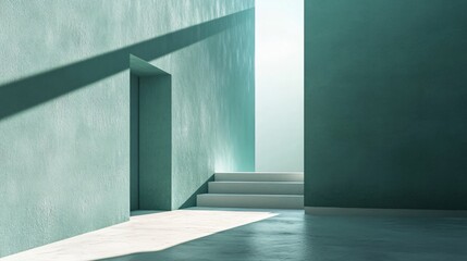 Wall Mural - Sunlight is illuminating an empty room with an open door, a staircase, and textured green walls