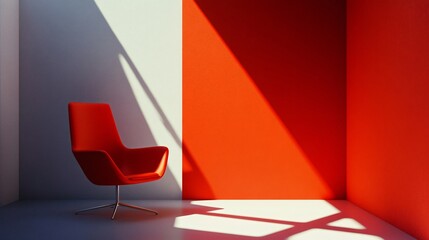 Wall Mural - Stylish red armchair in a modern minimalist room corner, illuminated by sunlight creating dramatic shadows