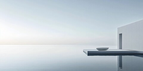 Wall Mural - Serene scene of a minimalist white building with an infinity pool extending towards a calm ocean under a soft sunrise sky