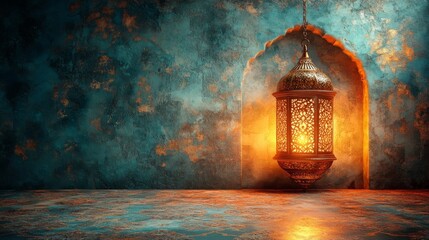 Wall Mural - Glowing Ramadan lantern hangs against a textured teal wall casting warm light creating a serene Islamic backdrop with gold accents