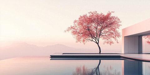 Wall Mural - Modern house with infinity pool reflecting a red tree and mountains at sunset