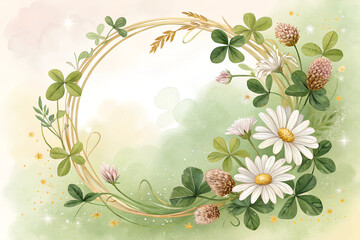 Wall Mural - Circular floral frame made of clovers, daisies, and golden accents on a soft gradient background