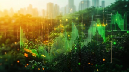 Poster - Vibrant double exposure of financial charts over urban landscape showcasing market trends and growth