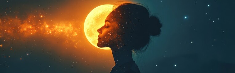 Poster - Surreal representation of a glowing woman against a cosmic backdrop with sun and stars during twilight