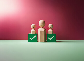 Aufkleber - Grainy texture image shows three cheerful wooden figurines.  The central figure stands taller, flanked by two smaller ones, each atop a green block with a checkmark.  A soft pink backdrop adds to the 