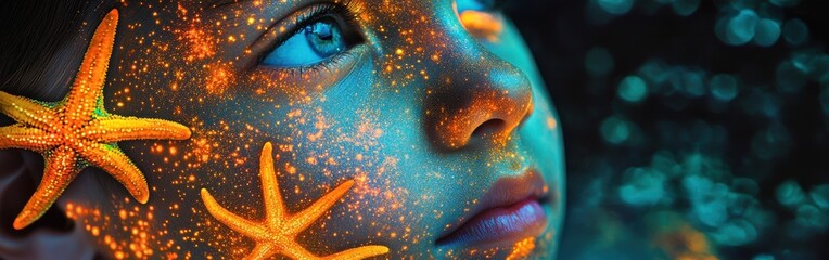 Aufkleber - Surreal portrait of a glowing child with starfish patterns illuminated under vibrant colors
