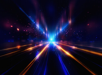 Poster - Grainy texture, vibrant light streaks on a dark, abstract road.  Speed and energy are implied.  The image has a futuristic, almost otherworldly feel.