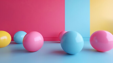 Wall Mural - 3d rendering of a colorful room with balls. the balls are pink, blue, and yellow and the room is pin