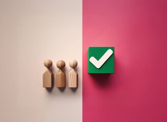 Aufkleber - Grainy image of three wooden figurines aligned beside a green cube with a white checkmark on a split-toned background.  The texture of the wood is visible.