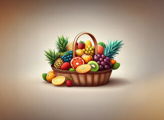 Poster - A grainy textured image shows a wicker basket overflowing with a vibrant assortment of fresh fruit.  The colors are rich and the overall feel is one of abundance.