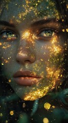 Aufkleber - Mystical portrait of a woman's glowing face amidst a magical aura and shimmering light details