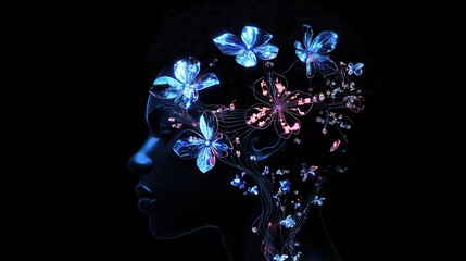 Aufkleber - Mystical profile of a man intertwined with luminous flowers and vibrant colors in a dark setting