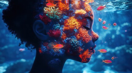 Aufkleber - Mystical depiction of a child's silhouette blending with vibrant underwater life during a serene moment in nature