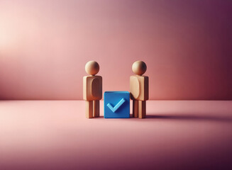 Leinwandbilder - Two wooden figurines stand beside a blue cube with a checkmark, against a grainy, textured pink background.  The image evokes a sense of agreement or completion.