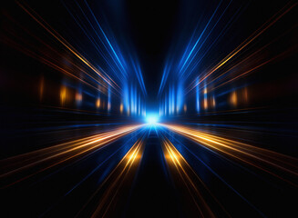 Aufkleber - A grainy, textured image depicting a dynamic, high-speed light trail effect.  Blue and orange streaks radiate from a central vanishing point, creating a sense of rapid movement and energy in the dark.