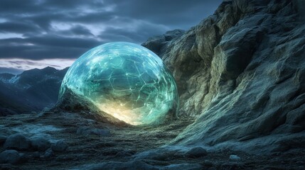 Poster - Glowing glass dome nestled in rocky landscape under cloudy twilight sky