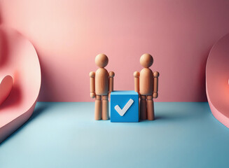 Leinwandbilder - Two wooden figurines stand beside a blue cube displaying a checkmark against a grainy, textured pastel background.  The image evokes a sense of teamwork and completion.
