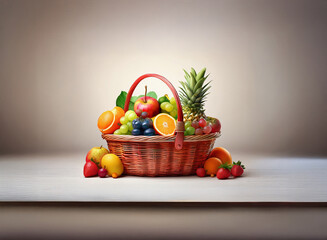 Poster - A rustic, grainy-textured image shows a wicker basket overflowing with a vibrant assortment of fresh fruits;  apples, oranges, grapes, pineapple, and strawberries spill onto a light wood surface.