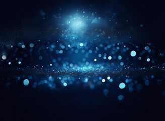 Poster - Abstract blue background with grainy texture, featuring shimmering particles and bokeh lights.  A sense of depth is created by varying light intensity.