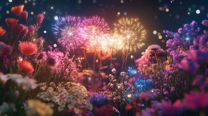 Poster - Colorful fireworks illuminate a vibrant flower garden at night during a festive celebration