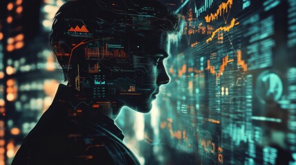 Leinwandbilder - Futuristic venture capitalist analyzing data in a high-tech environment at night