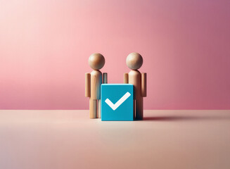 Aufkleber - Two grainy, textured wooden figures stand beside a teal cube displaying a checkmark, set against a soft pink background.  The image conveys a sense of agreement or completion.