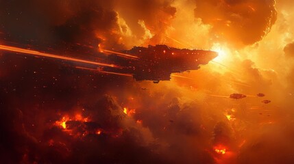 Poster - Vivid cosmic battle in a fiery atmosphere with intense orange hues and impressive starships soaring through a turbulent sky