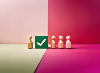Aufkleber - Grainy texture image of wooden figures. One figure stands before a green checkmark square, separated from a line of figures on a pink background.  The scene suggests selection or approval.