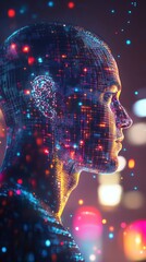 Fototapete - Dynamic profile of a man featuring vibrant digital patterns and glowing lights at night