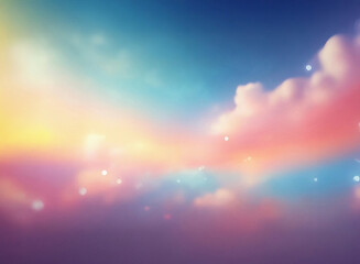 Aufkleber - A grainy, textured image depicts a dreamy sunset.  Pastel colors paint the sky, clouds, and horizon, with soft light and bokeh effects.  The overall feeling is peaceful and ethereal.