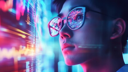 Aufkleber - Young investors analyze market trends with focus on digital data graphics at a modern workspace during evening hours