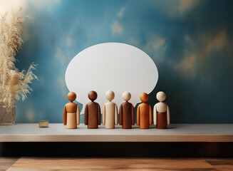 Grainy texture image of diverse wooden figures standing before a large white speech bubble against a blue backdrop.  The scene evokes communication and unity.