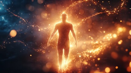 Poster - Man radiating light with glowing energy in a celestial environment during a cosmic event