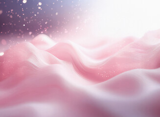 Poster - Grainy texture, soft pink waves undulate across the frame, illuminated by a bright, ethereal light.  Sparkling particles drift through the air above the undulating surface.