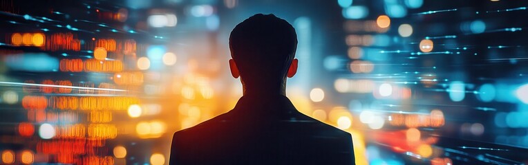 Poster - Conceptual representation of a man glowing with digital light amidst vibrant city visuals at night