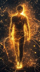 Poster - Conceptual portrayal of a glowing man walking through a cosmic environment filled with vibrant energy and light