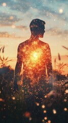 Aufkleber - Man standing in a glowing landscape during sunset, symbolizing inner light and connection to the universe