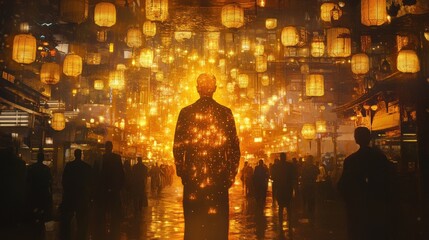 Poster - Silhouette surrounded by glowing lanterns in a bustling marketplace at twilight highlighting a magical atmosphere